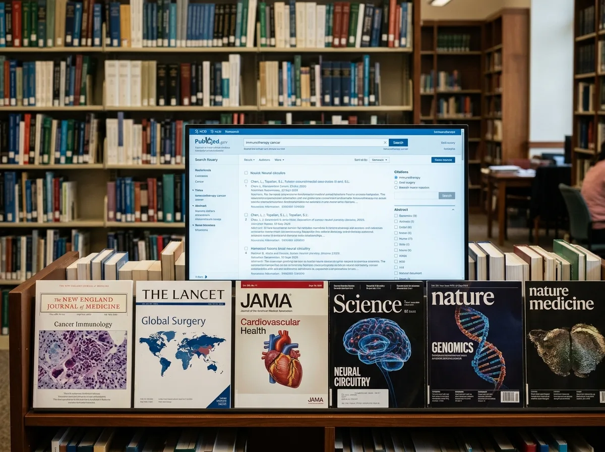 Обложки медицинских научных журналов на фоне экрана с базой данных PubMed и библиотечных полок