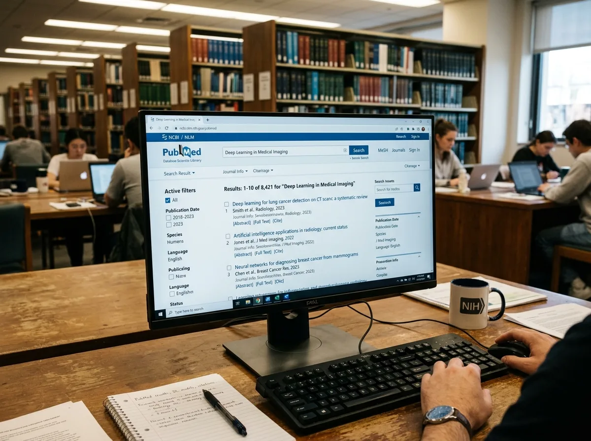 Экран компьютера с открытой базой данных медицинских статей PubMed, научная библиотека