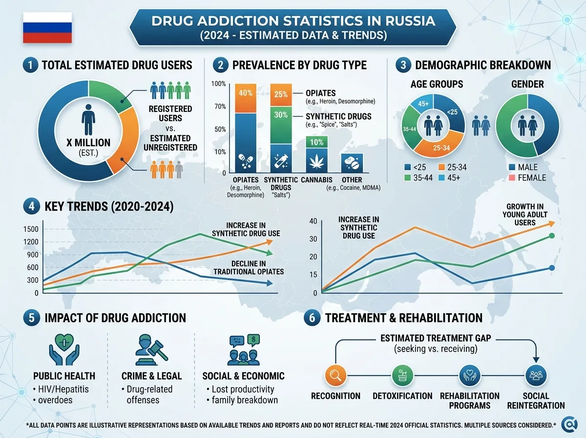 Инфографика статистики наркологической заболеваемости в России по данным 2024 года, диаграммы и графики
